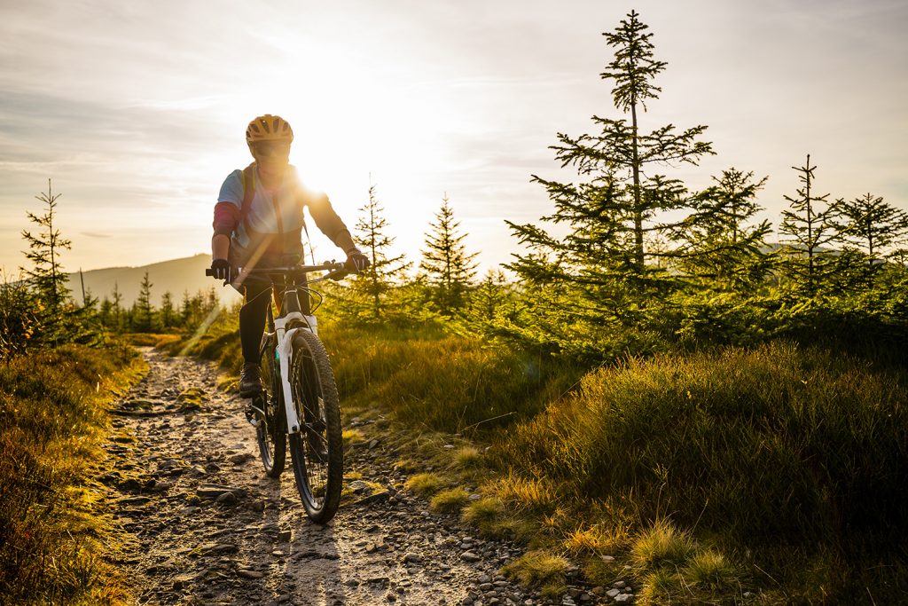 Cycling woman riding on bike in autumn mountains forest landscape. Woman cycling MTB flow trail track. Outdoor sport activity.		