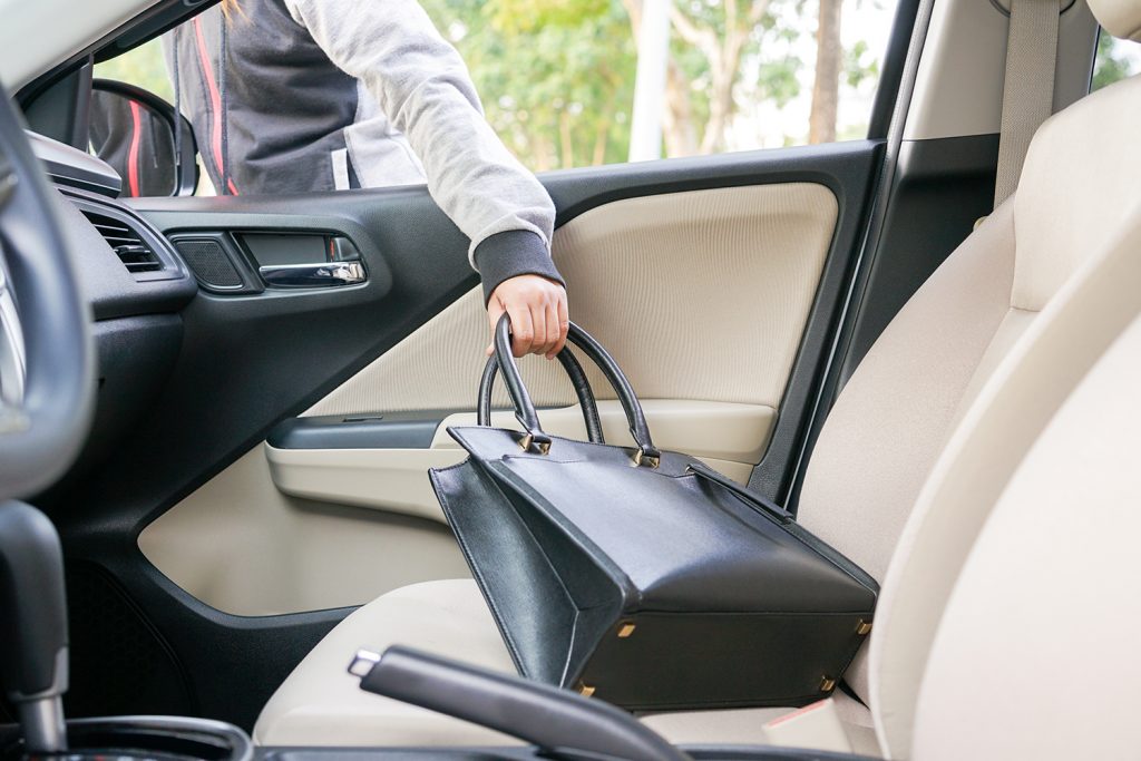 Car theft on the rise, but you can stop it! - A thief is taking a handbag from a car out of the open passenger side window