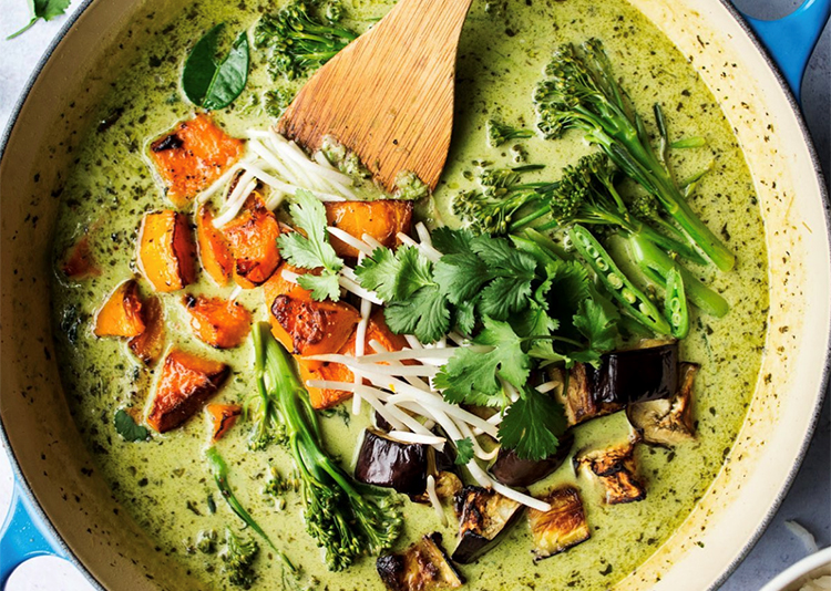 A pan of Thai Green Curry with Aubergine, Sweet Potato, Broccoli and Coriander 