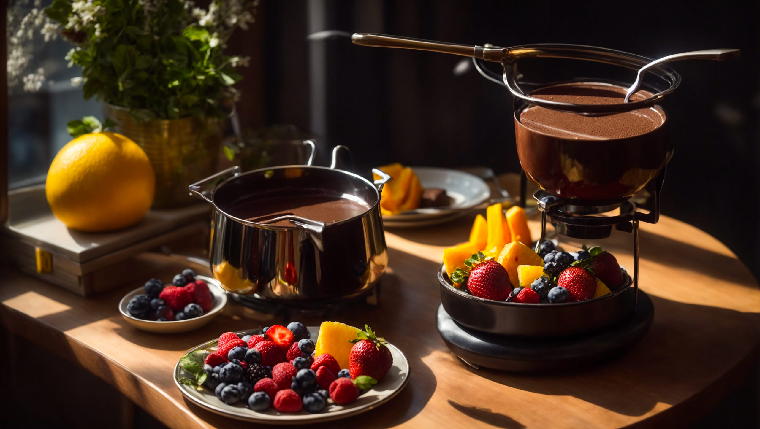 Healthy valentines day meal chocolate fondue with fruit 