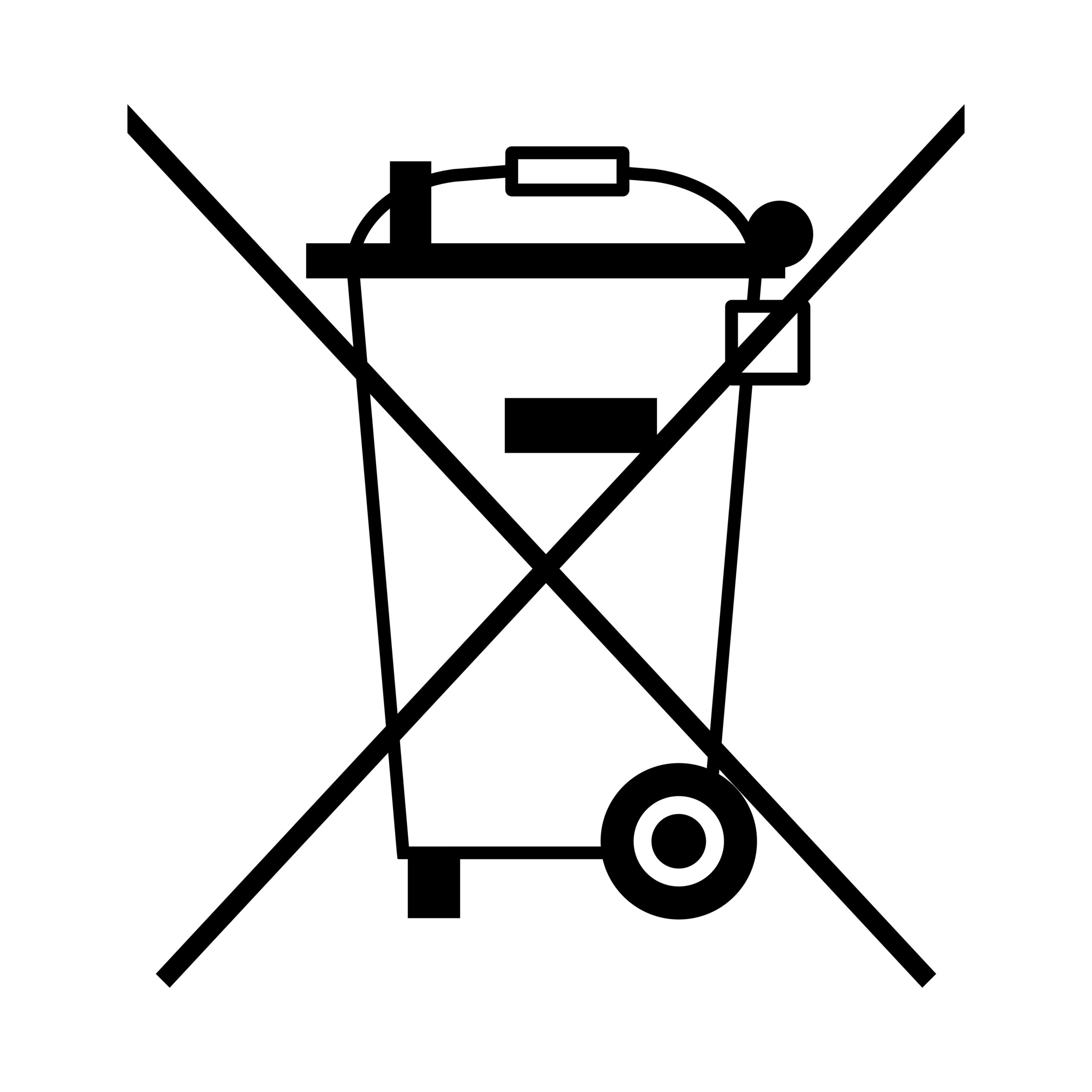 A black outlined icon of a dustbin with a cross through it