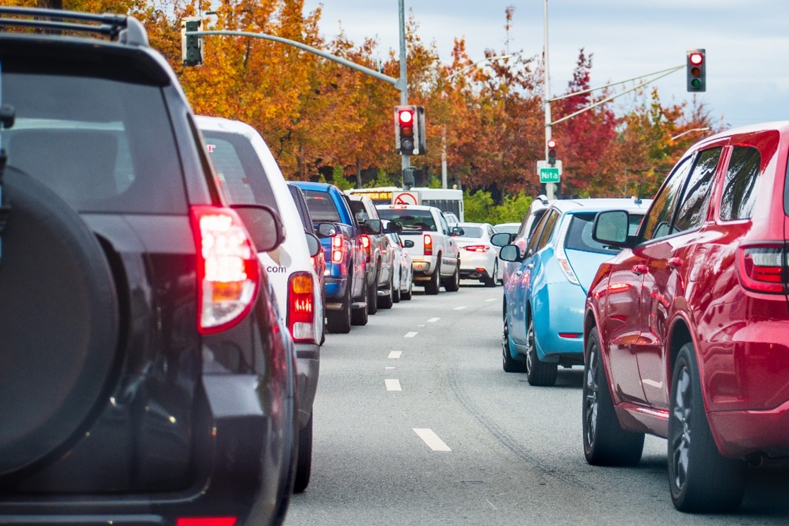 Cars queuing at traffic lights