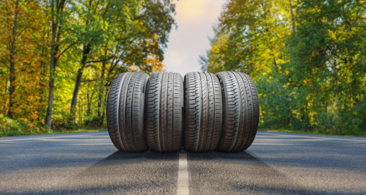 4 Tyres in the middle of the road with greenery in the background