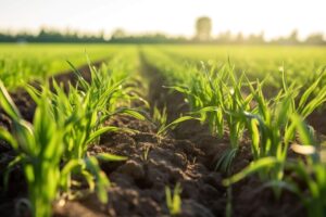 Lines of plants in soil in a field