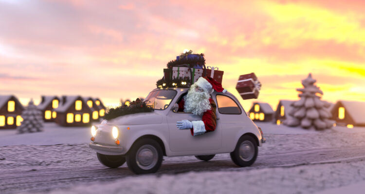 Father Christmas Driving Car with Presents on Roof