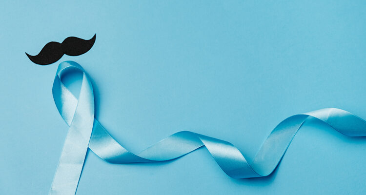 Moustache on blue background with blue ribbon