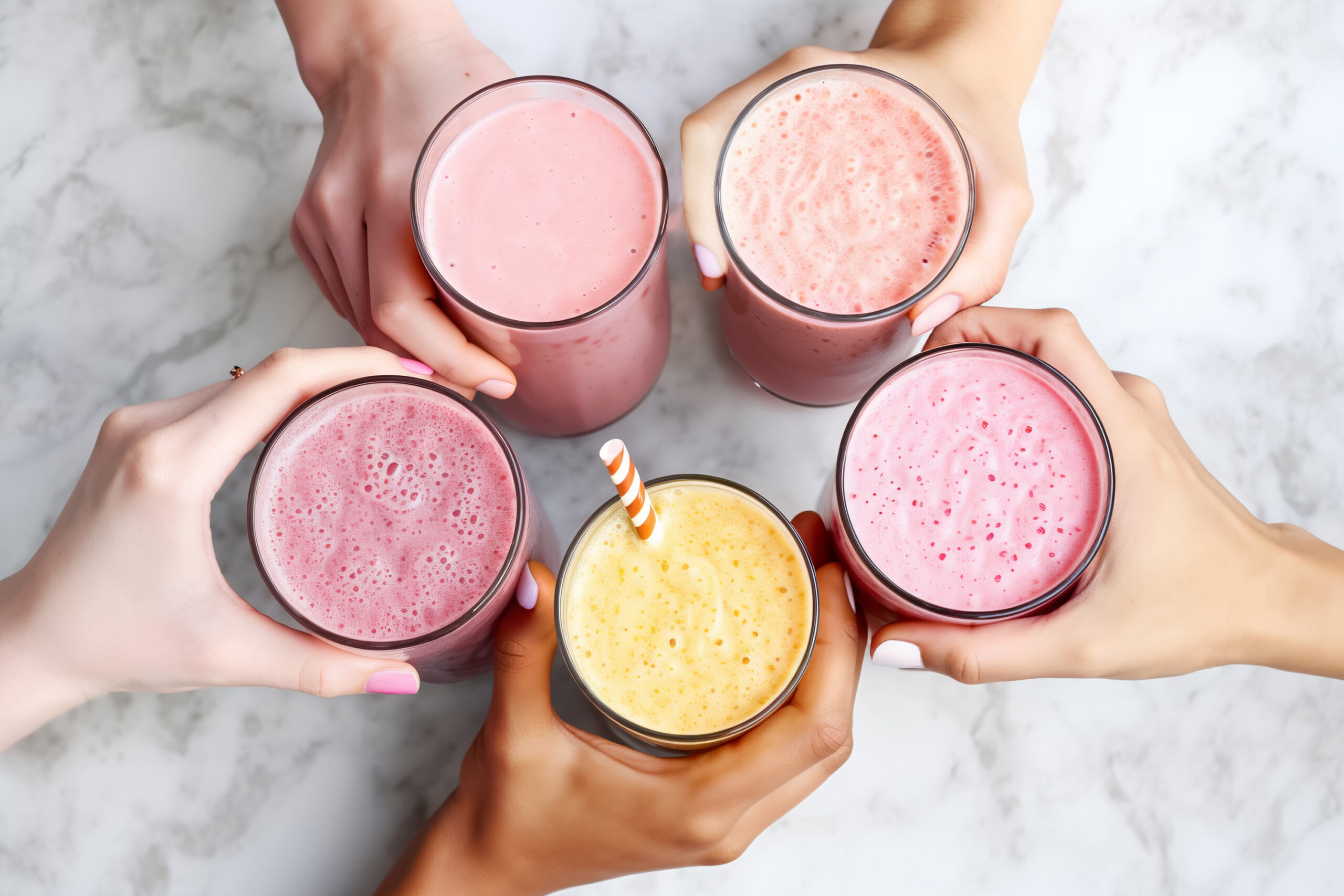 Five hands holding smoothies 