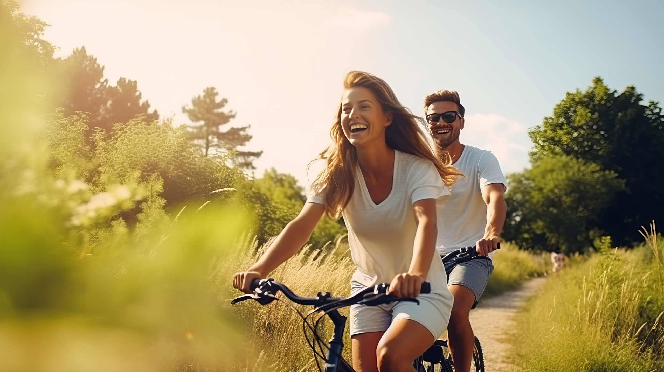 Couple cycling outdoors in Spring