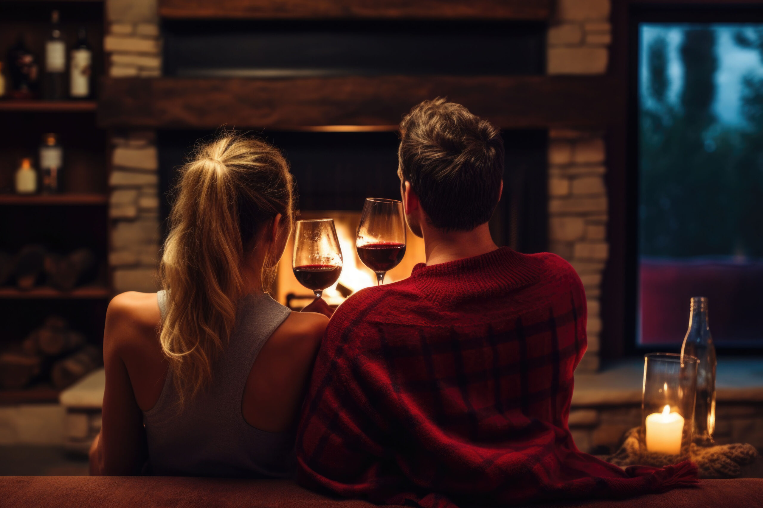 Couple drinking wine by fireplace 