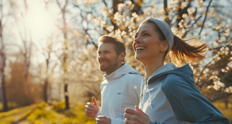 Couple running outdoors in Spring