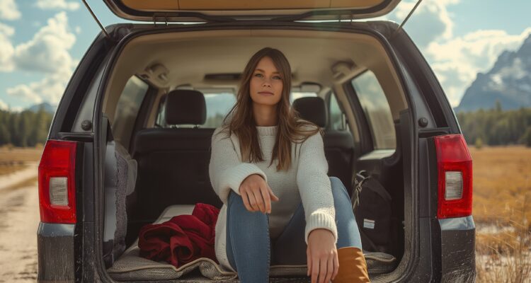 Woman looking zen sitting in the boot of her car