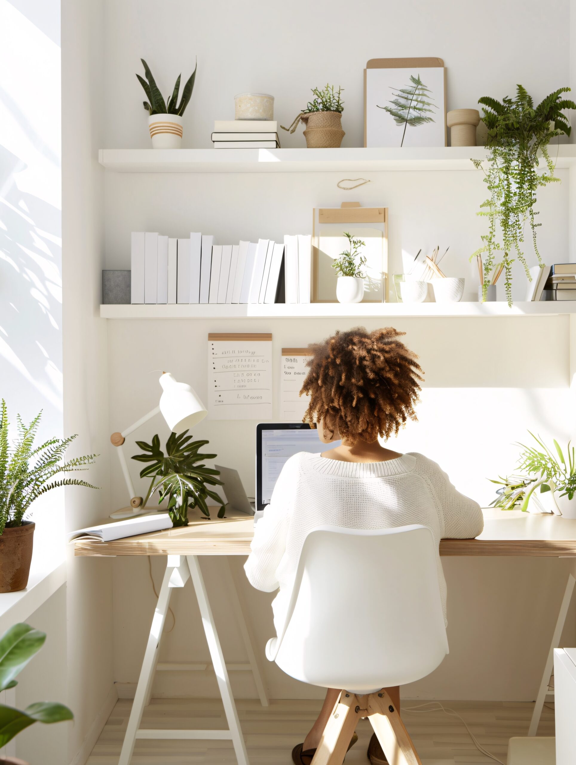 Woman working at desk next to window for natural daylight