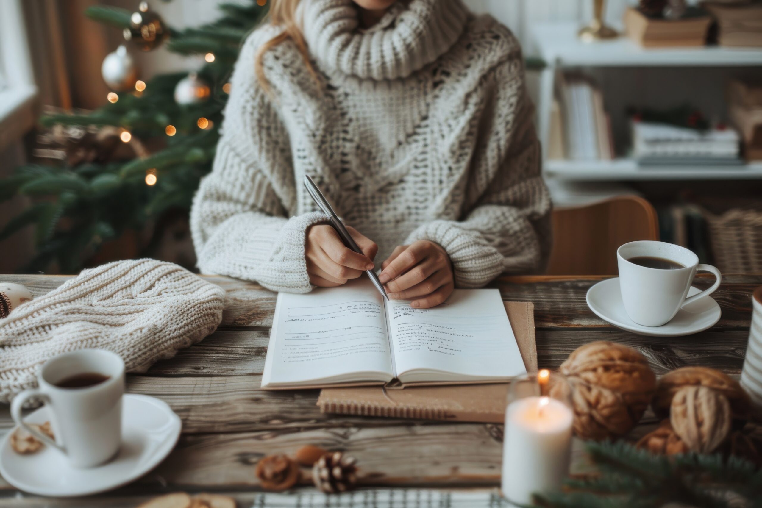 Woman journaling at Christmas 