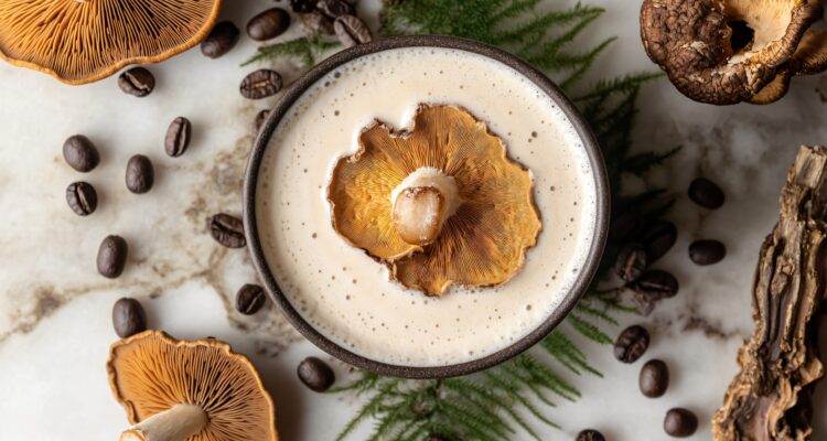 A gourmet-style adaptogenic latte with a delicate mushroom pattern in the foam, surrounded by coffee beans and dried reishi slices