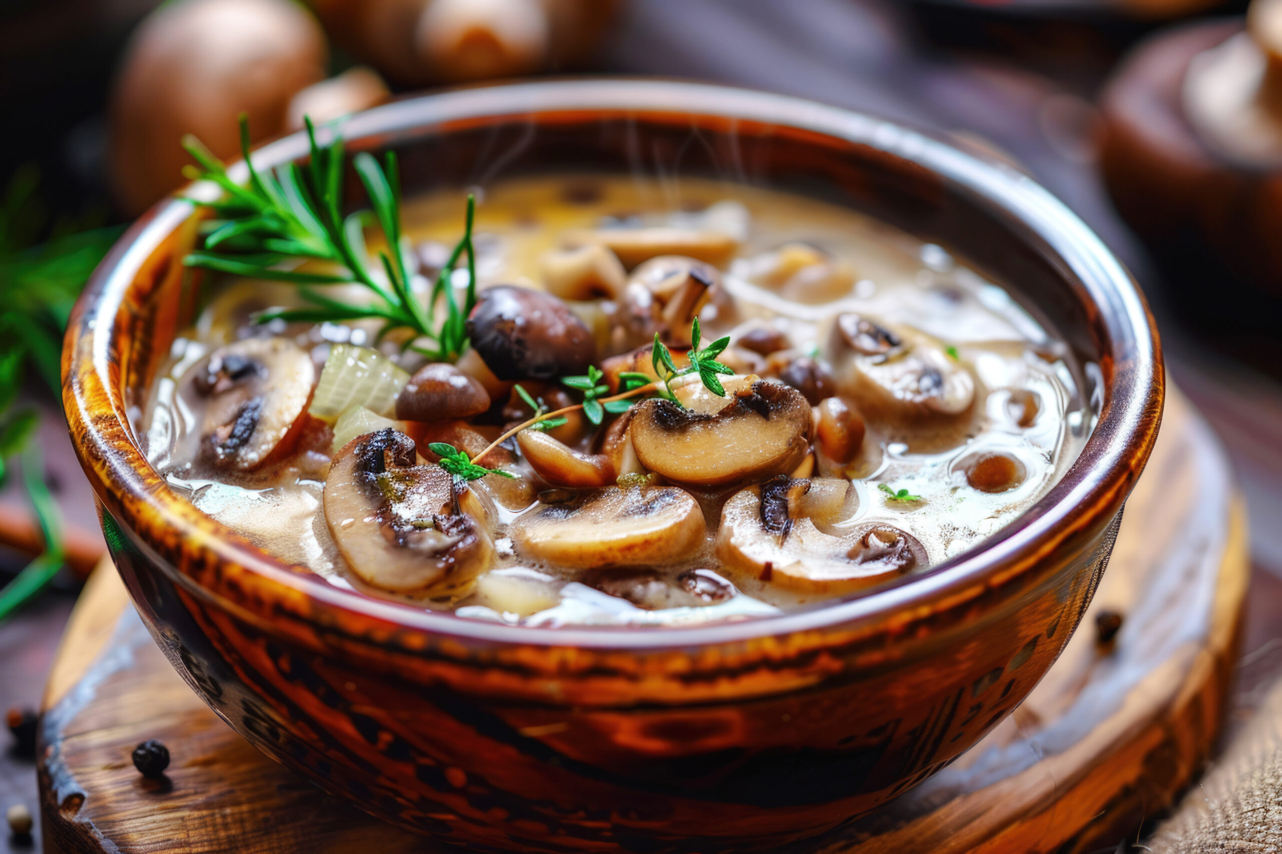 Nourishing Adaptogenic Mushroom Soup with Fresh Herbs and Vegetables, Close-Up