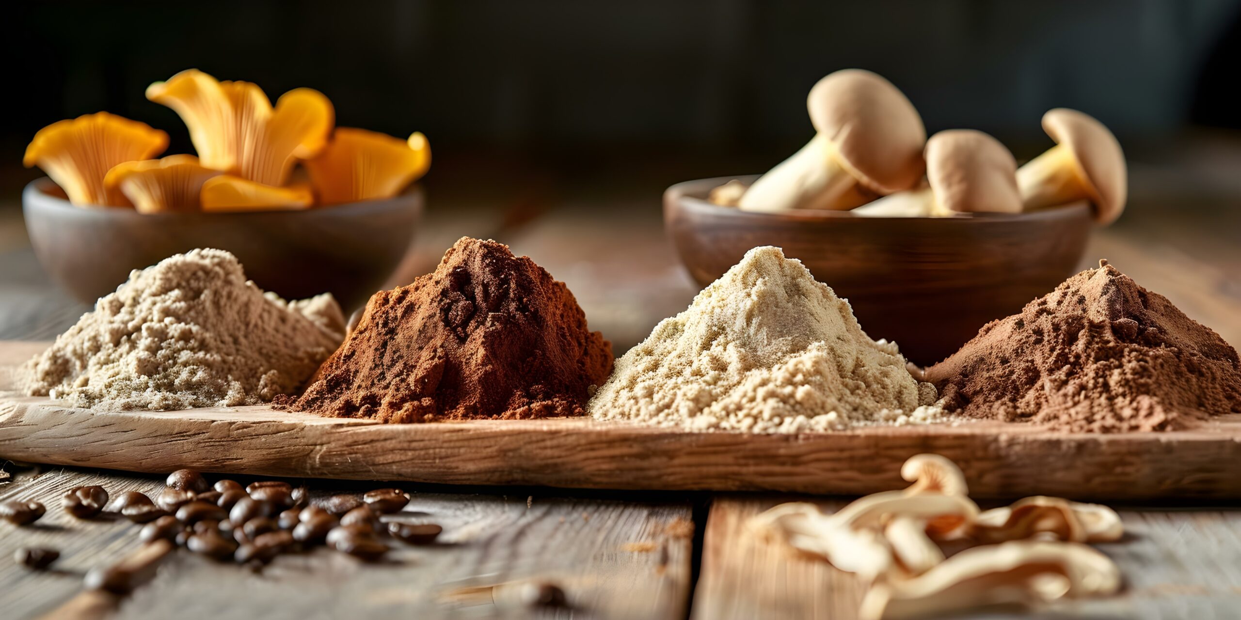 Blending a Variety of Dried Mushroom Powders to Make a Healthy Coffee Substitute. Concept Healthy Coffee Substitute, Dried Mushroom Powders, Blending Techniques, Benefits of Mushrooms