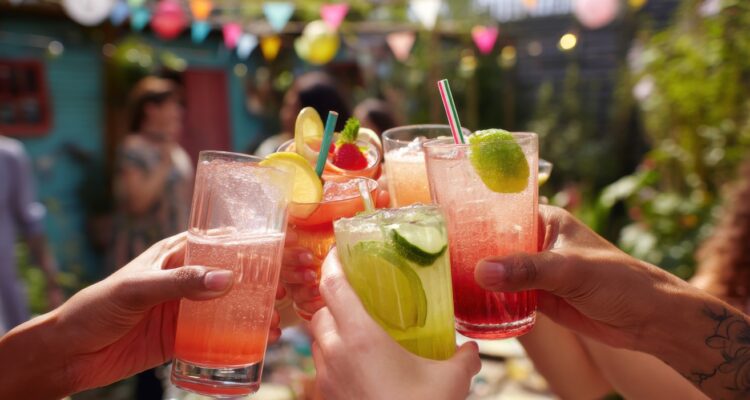 Group of people with cocktails, clinking glasses