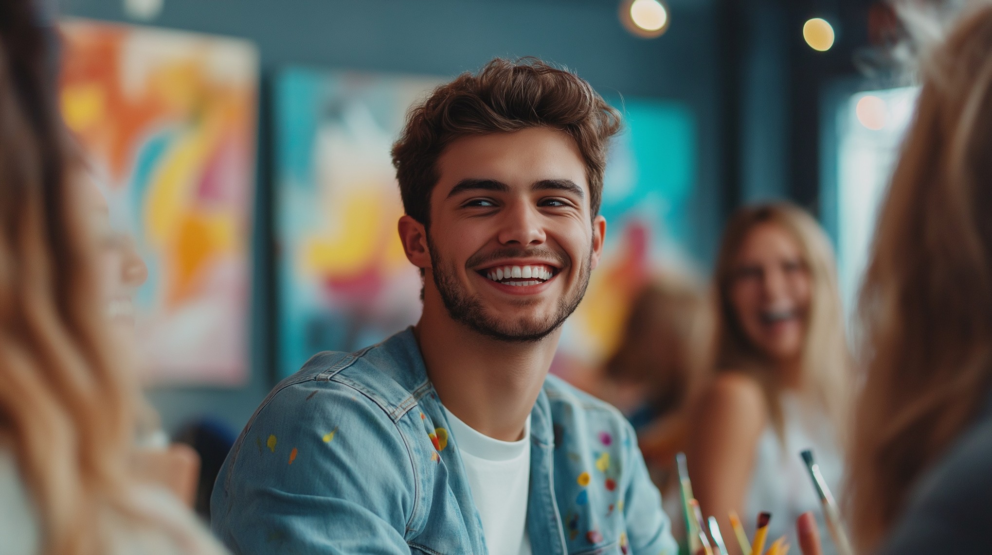 Male Smiling with paint on clothes at art class