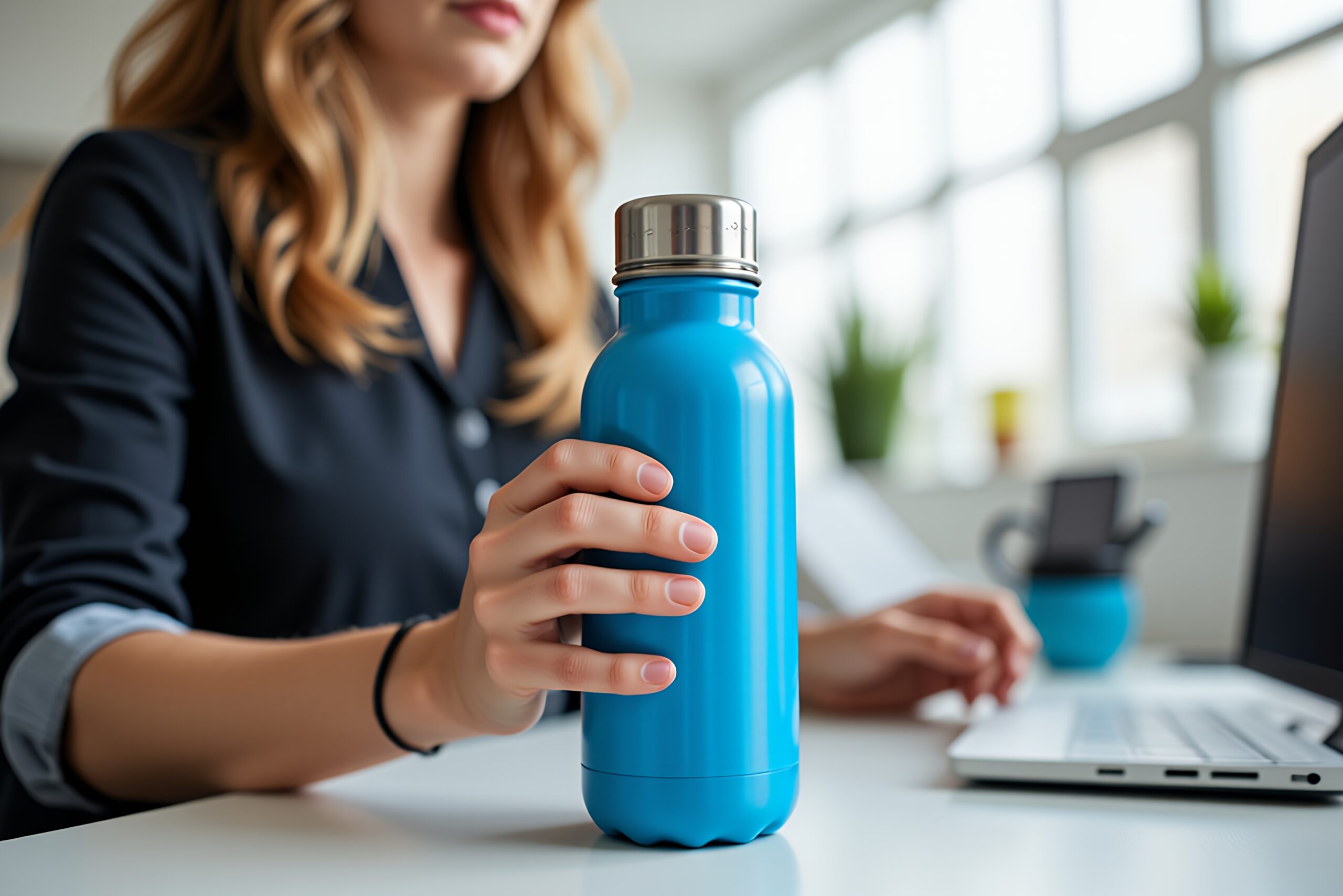 Woman with water bottle on desk