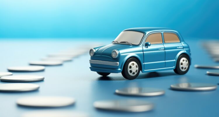 A toy car surrounded by coins