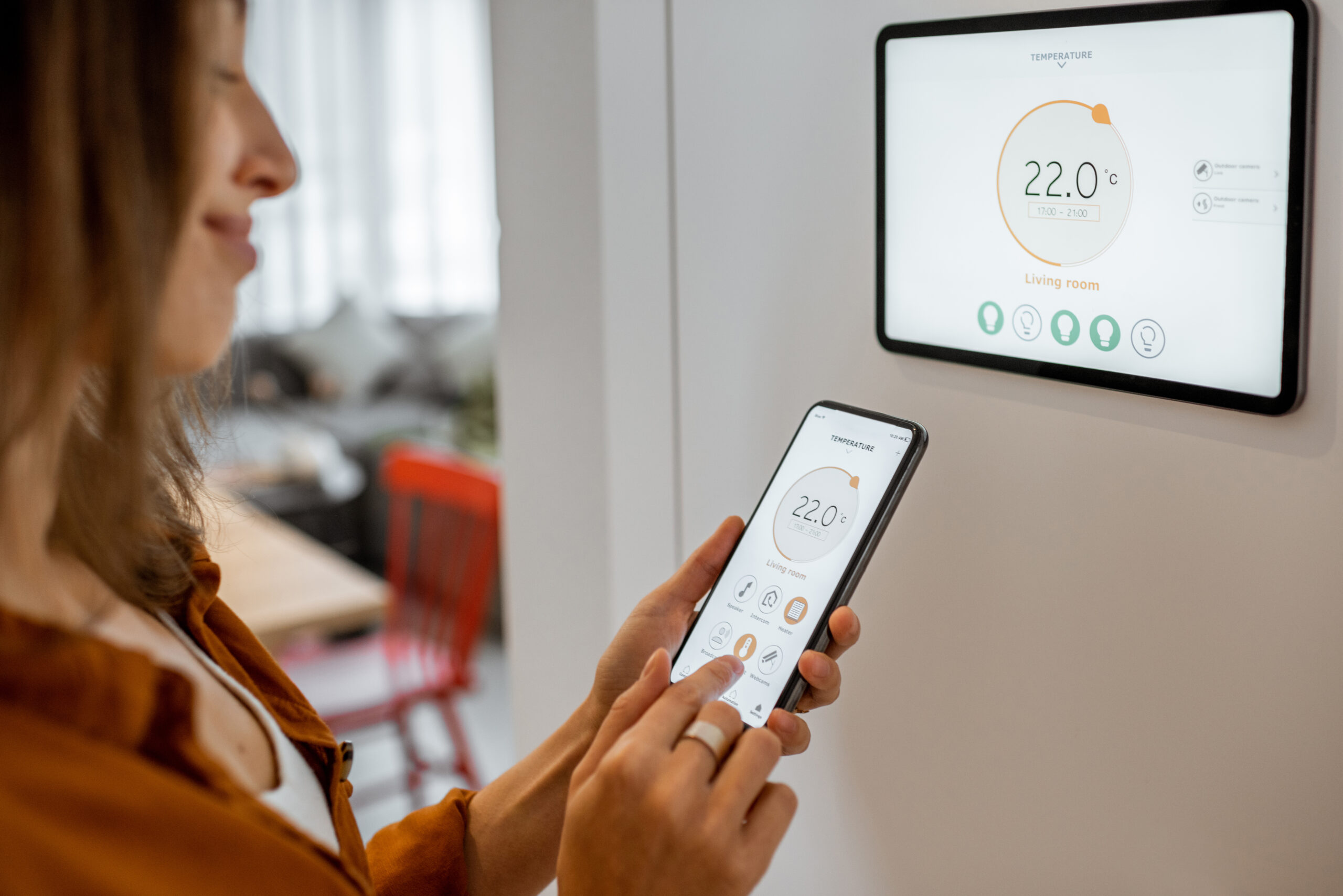 Woman using smart meter in home