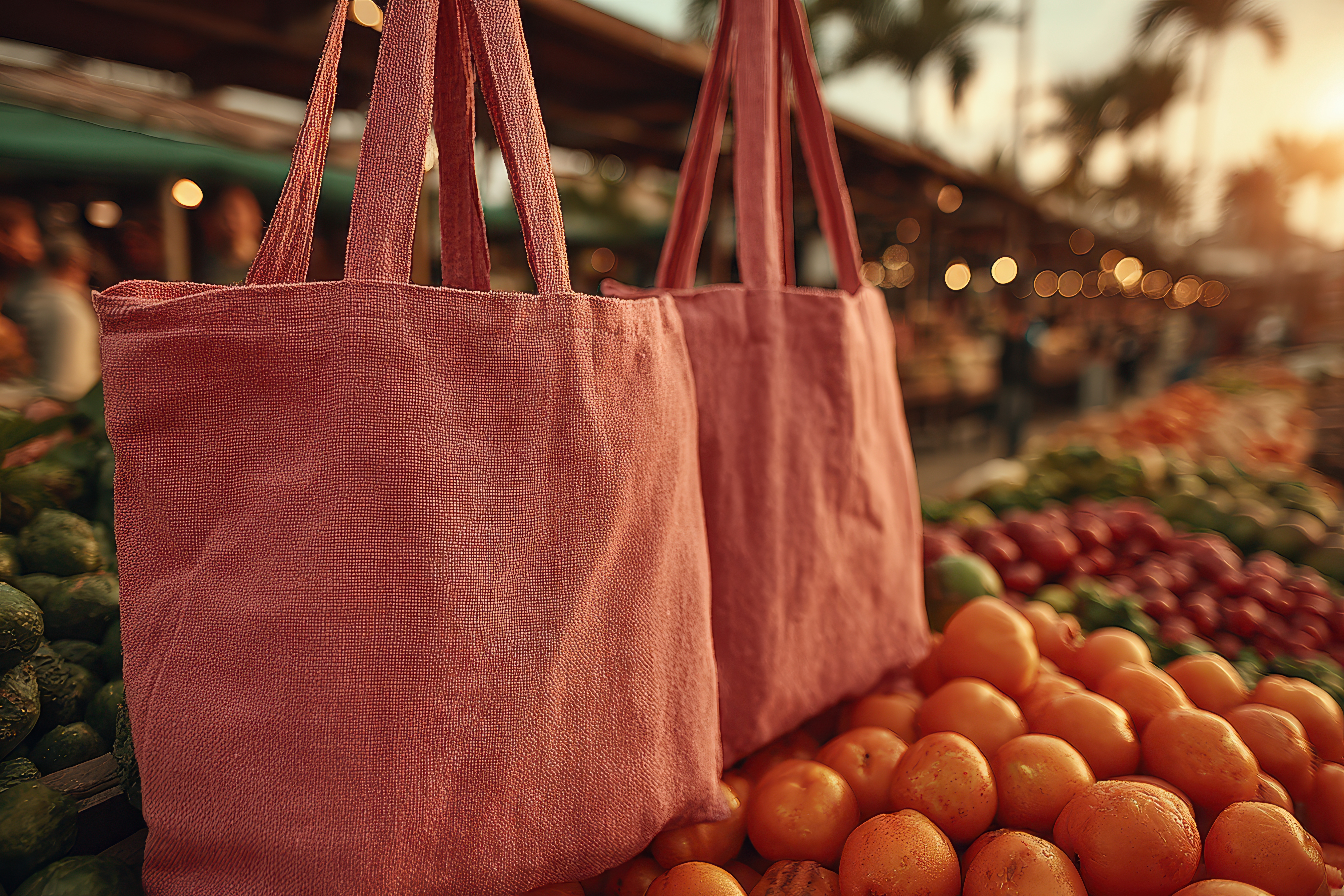 A pink reusable bag being used for sustainable family shopping. The bag is being held by a person's hand.