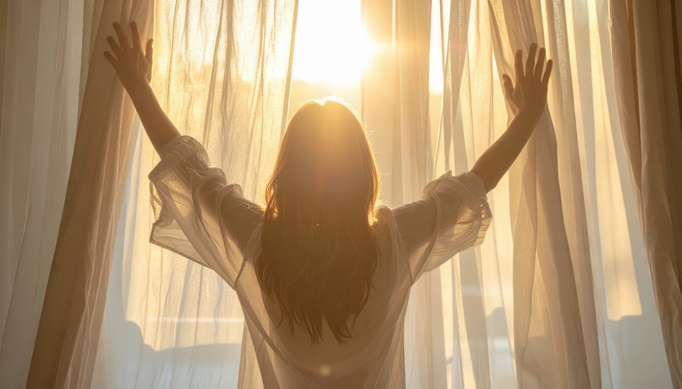 Women opening curtains to sunshine